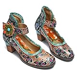  gracosy Cuero Zapatos de Tacón Medio de Mujer, Verano Primavera Fabricados a Mano con un Flores Tamaño 37-42 Rojo Verde Azul Hebilla Diseño Elegante y Moderno Estilo Bohemia
