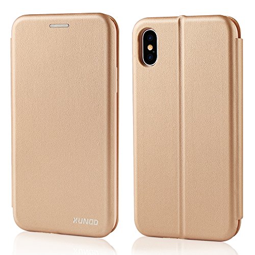 XUNDD Funda iPhone X Oro, Carcasa Protectora Slim Folio Cartera y Fundas Tapa movil Case Cover TPU Cuero impresión Flip Libro Leather Wallet con Cierre Magnético Función para iPhone X (5.8 Pulgadas)