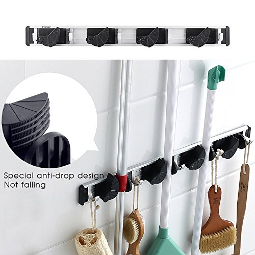 Firlar Wandbefestigung Schrubber Und Besen Inhaber Aluminium Legierung Veranstalter Garage Speicherlösungen Mit 4 Platz 5 Haken Reduziert - 2