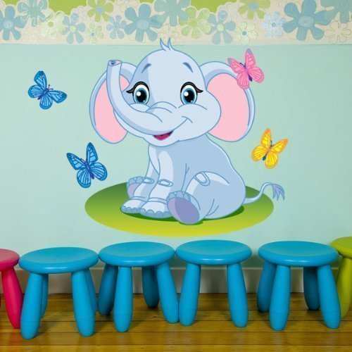 Baby Elephant Nursery Wall Sticker,Large Nursery wall decals, Kids Cartoon animal themed Peel and stick wall art