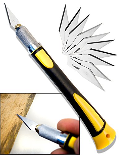 HOMETOOLS.EU - Schnitzmesser Pro 12-teilig gelb/schwarz ergonomischer Soft Griff SET inklusive 11 Ersatzklingen zum Schnitzen, Basteln, Schneiden, Cutter
