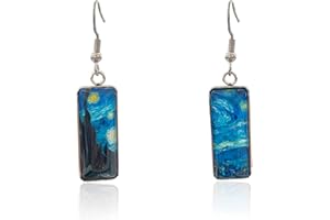 GAUEIOUR Van Gogh Painted Starry Night Earrings Blue Metal Art Unique Vintage Rectangle Glass for Women Sisters Mothers Dangle Drop Jewelry