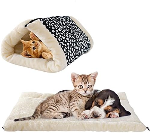 UMALL 2 in 1 Warm Bed Fleece Padding for Cats Kennel Indoor Soft Cushion Mats Square (Polka dot)