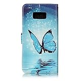 FESELE Schutzhülle für [Samsung Galaxy S8 Plus] Lederhülle Leder Case Ledertasche mit Standfunktion und Magnetverschluss, Samsung Galaxy S8 Plus Bunt Muster Flip Case Cover Wallet Leder Brieftasche Hülle im Bookstyle Kartenfach Leder-Mappen-Karten-Slot-Abdeckung für Samsung Galaxy S8 Plus + Blau Eingabestift Stylus Touch Pen-Glänzend Schmetterling - 2