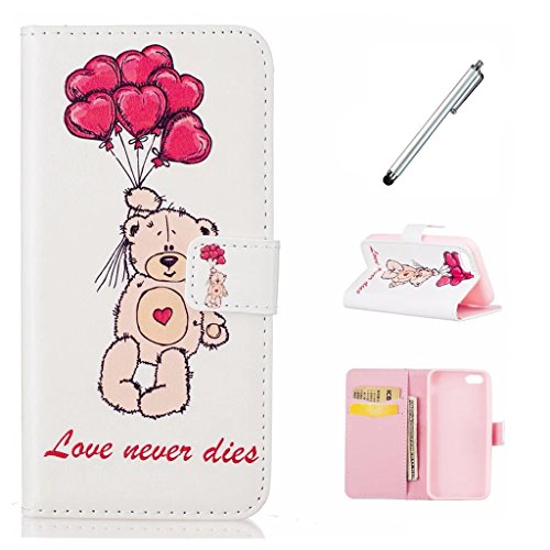 MUTOUREN für iPhone SE 5 5S Hülle Schutzhülle PU Leder Bookstyle Handyhülle Brieftasche Wallet Schale Portemonnaie Klapphülle mit Standfunktion Taschen kratzfeste Stoßfest Magnetic Snap Bumper Schale - Niedlich Bär und Rot Ballon + Stylus Touch Pen