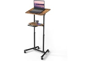 ETHU Adjustable Mobile Laptop Desk with Storage Tray, 60x40cm Tilting Top & Lockable Wheels, 106-132cm Height Adjustable Mobile Podium and Stand-Up Desk for Office, Classroom and Home