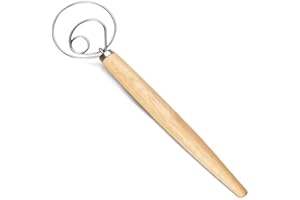 MiawPay Danish Dough Whisk Bread Making Tools Stainless Steel Danish Dough Hook Bread Dough Mixer Hand Bread Dough Whisk for Pastry, Baking Cake, Dessert, Sourdough, Pizza, with Wooden Handle, 13 inch