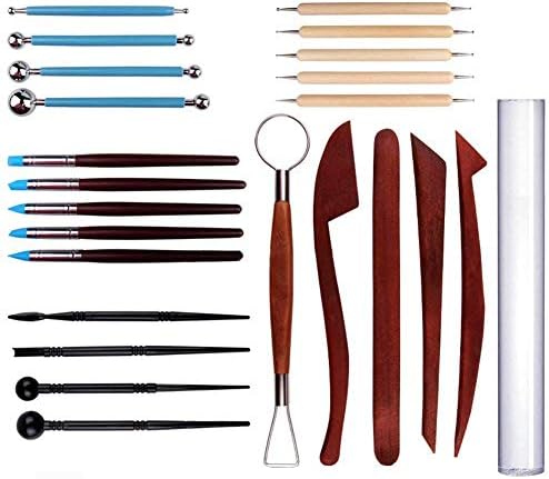 SODIAL Polymer Clay Tools 24pcs Modeling Clay Sculpting Tools 5pcs Wooden Dotting Tools+5pcs Rubber Tip Pens+4pcs Ball Stylus Tool+4pcs Modeling Tools Pottery Tools+1pcs Acylic Stick