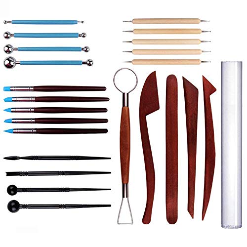 TOOGOO Polymer Clay Tools 24pcs Modeling Clay Sculpting Tools 5pcs Wooden Dotting Tools+5pcs Rubber Tip Pens+4pcs Ball Stylus Tool+4pcs Modeling Tools Pottery Tools+1pcs Acylic Stick