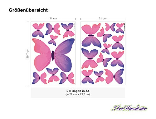I-love-Wandtattoo WAS-10070 Kinderzimmer Wandsticker Set A4 „Aquarell Schmetterlinge für Mädchen in Pink“ 20 Stück zum Kleben Wandtattoo Wandaufkleber Sticker Wanddeko - 3