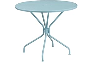 Table de patio ronde en acier bleu ciel 35.25 « Flash Furniture Oia Commercial Grade » pour intérieur et extérieur avec trou pour parasol