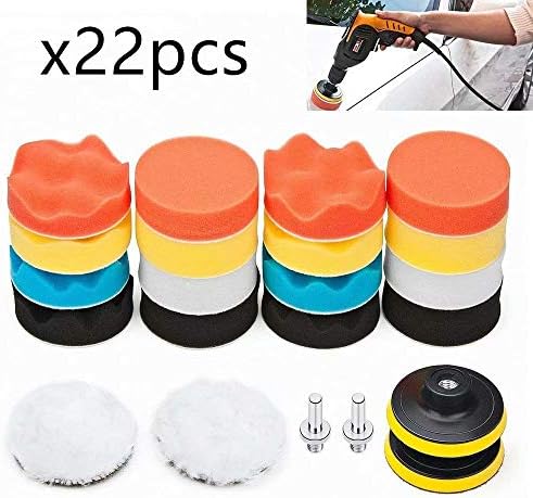 Creatwls Car Foam Drill Polishing Pad Kit, Buffing Sponge Pads Kit for Car Sanding, Polishing, Waxing, Sealing Glaze with M10 Drill Adapter (3 inch, 22 pcs)