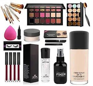 EAGLEHUNT MACC Makeup kit for girls(set of 17) 18 color Eyeshadow , Foundation, Kajal, 2in1, primer, fixer, Brush set of 10, Foundation Brush, Eyelashes, Puff, 15 shade concealer Platte, 4 Lipsticks, Losses Powder