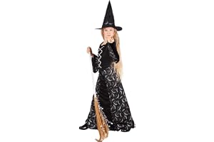 Boland – Kostymset magisk häxa för barn, lång klänning med hatt, karnevalkostym för karneval, halloween eller temafest, 158 (