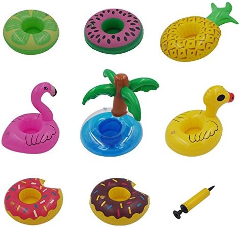 Whaha - 8 Pcs Inflatable Drink Holder Float Water Toy with Mini Air Pump for Pool Party Water Fun,Flamingo,Pineapple,Palm Tree,Watermelon,Lemon,Duck and 2 Donut