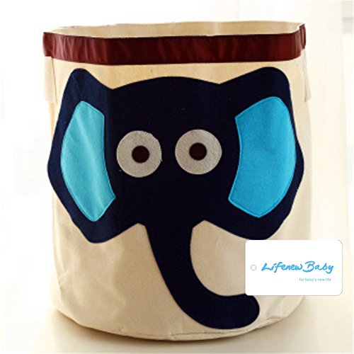 LifenewBaby Cartoon Animals Housed Barrels Cotton Canvas Storage Bin Bag Children Toys Pouch Kids Organizers Box Folding Laundry Basket Clothes Holder 17.5"*17"/44.5*43cm-Blue Elephant