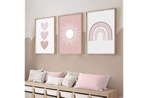 BEIYIHO Affiche Chambre Fille Rose Toile Poster Chambre Enfant Fille Tableau Papillon Rose Arc en Ciel Fleurs Soleil Enfant Deco Chambre Fille Rose Prenom Personnalisée Bebe Affiche Cadeau Originale Fille