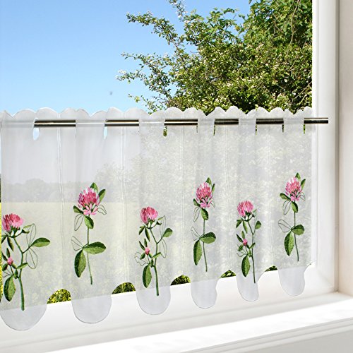 Stilvolle Bistrogardine Küchengardine Fertiggardine " KLEE " weißes Voile mit wundervoll gesticktem Klee mit rosafarbender Blüte - stilvoll und elegant - hochwertig verarbeitet - halbtransparent - (H/B 45x120cm) - Scheibengardine - Bistrogardine - ein Schmuckstück in jeder Küche - aus dem KAMACA-SHOP