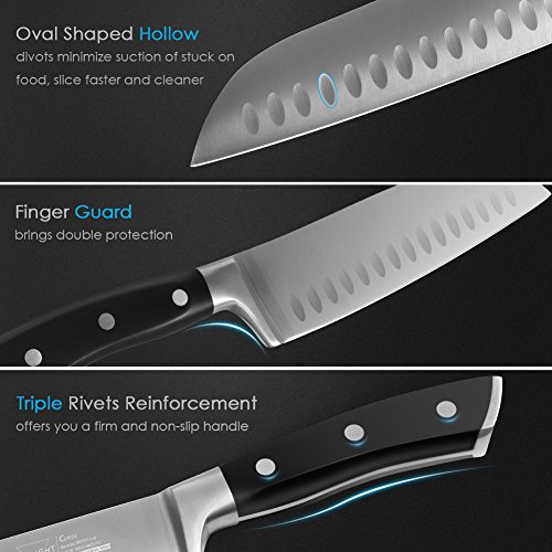 SKY LIGHT Santokumesser 17 cm Kochmesser Küchenmesser Allzweckmesser Hohlkantiges Kochgeschirr, Schärfsten Klinge Hochkohle Rostfreier Stahl Rutschfest Griff Hackmesser, Ergonomischer rutschfester Griff - 5