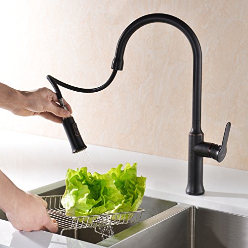 GICASA Commercial Style High Arc Pull Down Bronze Waschbecken Wasserhähne, Single Handle Pull Out Sprayer Edelstahl Öl gerieben Bronze Küchenarmatur - 4