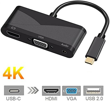 USB-C to HDMI VGA Adapter, FEBITE USB C Type to 4K HDMI 1080P VGA 3.5mm Audio Port USB 2.0 Converter for Macbook Pro Galaxy S8/S8 Plus Laptop PC (Black)