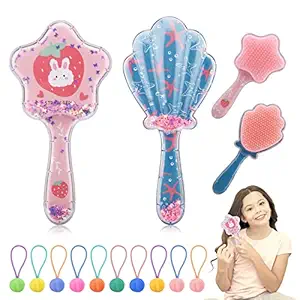 2Pcs Girls Hair Brush - Cute Detangler Brush with 10Pcs Cartoon Elastic Hair Ties - Wet Brush No Pain Soft Kids Wet Brush for All Hair Types Hair Curly Through Tangles Boys Hair Brush(Rabbit & Shell?
