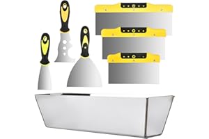 CENBEN Wallpaper Scraper Tool, 7 Pieces Stainless Steel Drywall Hand Tool Kit Includes Taping Knife, Putty Knife and 12" Mud Pan with Ergonomic Handles, Wallpaper Scraper Set Plastering Tools Set