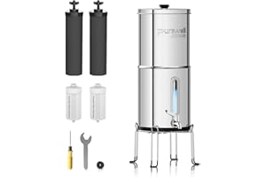 Purewell 5,7L Gravity Water Filter System – Stainless Steel Countertop Design with 4 Filters, Glass Water Level Window – Reduces Fluoride, Chlorine – for Home, Camping & Emergency Survival
