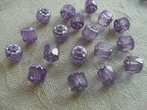 30 7mm Czech Fire Polished Transparent Cathedral Beads Purple + 20 5mm Flowers
