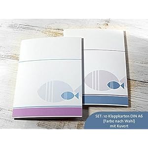 SET: 10 x Klappkarte Kommunion, Konfirmation, Taufe für Einladung, Danksagung, Menü, blau-grau Fisch