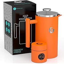 CAFETIERE A Piston/A Pression Orange 1 Litre en INOX de qualité supérieure avec parois isolantes - Votre café Reste Chaud Longtemps - Boîte de Conservation pour café moulu ou en Grains Offerte