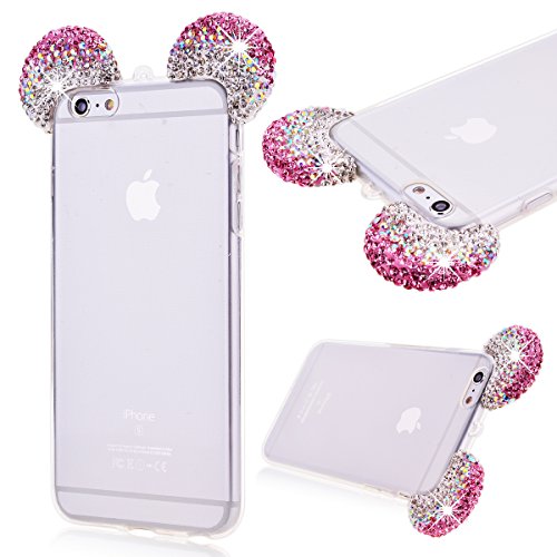GrandEver Soft Bumper Case for iPhone 6 Plus iPhone 6S Plus Silicone TPU Back Cover, iPhone 6 Plus Transparent Clear Cover Ear Design, iPhone 6S Plus Rhinestone 3D Diamond Bling Sparkle Shiny Pattern, Apple Cell Phone Accessory with Hand Strap Kits Scratch-Proof Protective Shell for iPhone 6 Plus/iPhone 6S Plus (5.5") --- Pink
