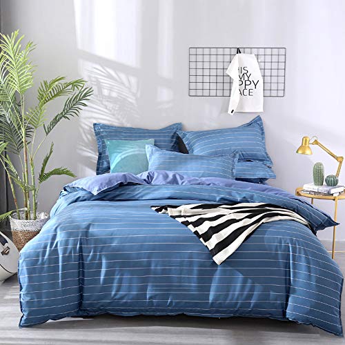 Bedding Sets Chickwin Duvet Cover Set Polyester Microfiber Printing Simple Pinstripes Pattern Single Double King Size Bedding Sets 3Pcs, 1*duvet cover 2* matching pillowcases For Kids and Family (Single 135x200cm, Light blue)