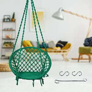 Swingzy Make in India, Cotton Round Hanging Swing for Adults & Kids 100% Cotton Rope Wooden Swing for Indoor, Outdoor, Home, Balcony, Garden with Free Hanging Accessories (120 kgs Capacity, Green)