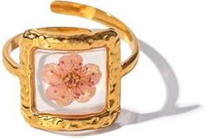 HEBELEE Handmade Dried Flower Statement Ring for Women Girls Gold Plated Stainless Steel Adjustable Pressed Blossom Forget-Me-Not Flowers Open Band Rings Wedding Holiday Jewelry Gift
