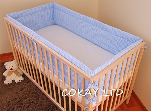 NURSERY BUMPER 420 cm LONG ALL ROUND BUMPER TO FIT BABY COT BED (GINGHAM BLUE)