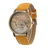 Retro Causal Welt Karte Armbanduhr Imitation Denim PU Leder Uhrenarmband Quarz Armbanduhren für Herren Damen Mädchen, Gelb