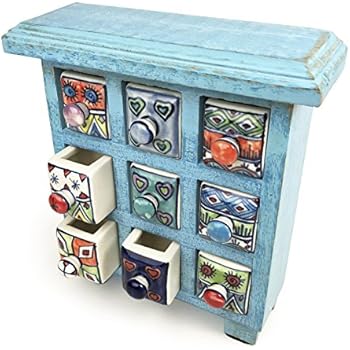 Indian Arts Fair Trade Blue Wooden Storage Chest With 9 Ceramic