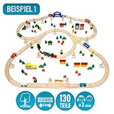 Holzeisenbahn für Kinder mit 130 Teilen | Spielzeugeisenbahn mit über 5 Meter Schienenlänge und Zubehör für eine ganze Stadt | Holzeisenbahn-Set für Mädchen und Jungen geeignet - 2