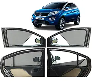 Autofact Half Magnetic Window Sunshades / Curtains for Tata Nexon [Set of 4pc - Front 2pc Half Without Zipper ; Rear 2pc Full with Zipper] (Black)