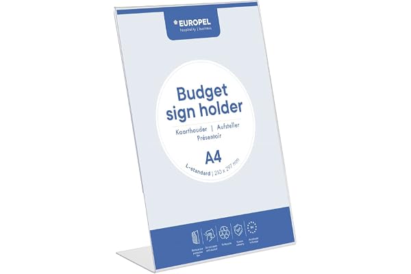 Europel Budget Présentoir de table, Base T, format A4 Portrait, Polystyrène limpide 1,5 mm, affichette, pour restaurants, hôtels, conférence, réception, Autoportant et Double face Transparent