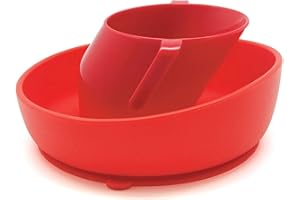 Doidy Assortiment tasse et bol - Tasse d'apprentissage au design incliné unique et bol à ventouse en silicone antidérapant - Coffret cadeau de sevrage pour bébés et enfants en bas âge (Rouge)