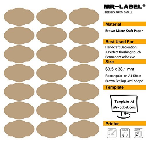 Mr-Label® Brown di pettine ovale Kraft Etichette -Self autoadesivi adesivi per la decorazione regalo | artigianale a mano | Finishing Touch (25 fogli / Totally 525 pezzi Etichette (25 fogli / Totally 525 pezzi Etichette)