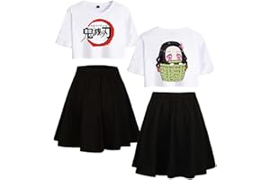Yumenam Fille Demon Slayer Survêtement Kamado Nezuko Imprimé Crop Tops + Jupe Ensemble de 2 PCS Casual Manches Courtes T-Shirt et Jupe été Pyjamas Sets Costume de Cosplay Sportswear