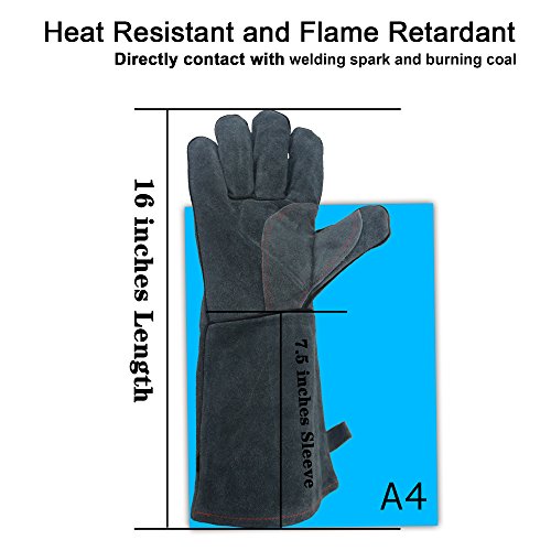 OZERO Schweißhandschuhe, Perfekt für Barbecue Schweisser Mig Kamin Kaminofen Pot-Halter Gartenarbeit – Baumwolle Futter mit 14 inch extralange Hülse Hitzebeständige BBQ Leder Handschuhe Grillgloves - 2