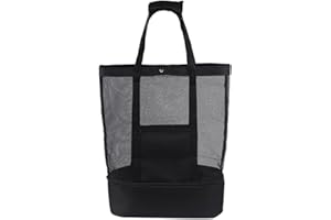 SAMHENG Beach Tote Bag with Detachable Cooler, Mesh Picnic Bag with Zipper for Women Men, Dry and Wet Separation Insulation Pack, Foldable Organizer Net Toy Storage Bag for Travel Camping Outdoor Picnic