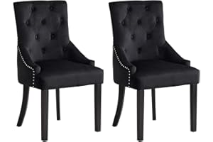 BonChoice Set of 2 Black Velvet Dining Chairs with Knocker Studded Black Legs for Dining Room Kitchen Upholstered Accent Side Chairs for Bedroom, Living Room, Button Tufted Armchair