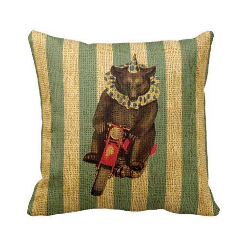Vintage Circus Bear on Motorcycle Pillow case/Kissenbezüge Personalized 18x18 Inch Square Cotton Throw Pillow case/Kissenbezüge Decor Cushion Covers