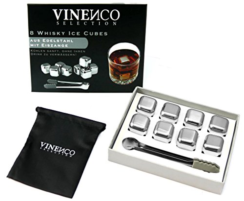 Whisky Steine Ice Cubes Set von VINENCO – 8 Wiederverwendbare Edelstahl Eiswürfel + Stoffbeutel | 8er Set Whiskey Rocks Stones - 5