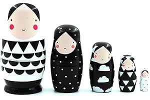 SUNAOMNI Matriochka Russe En Bois Noir Et Blanc Poupées Gigognes Ensemble De Poupées Russes Pour Enfants Jouet Cadeau Décor Poupées Gigognes Ensemble De Poupées Russes 5 Pièces